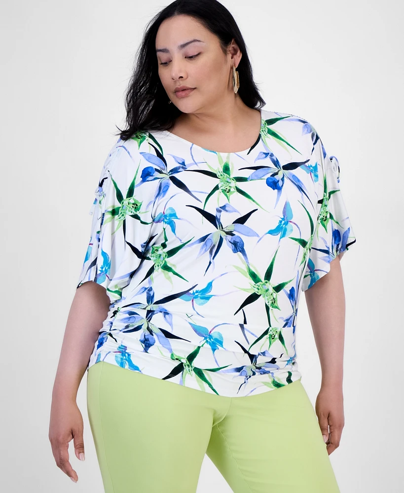 I.n.c. International Concepts Plus Printed Ruched Short-Sleeve Top, Exclusively at Macy's