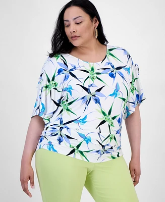I.n.c. International Concepts Plus Printed Ruched Short-Sleeve Top, Exclusively at Macy's