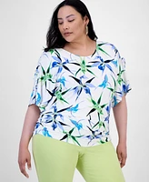I.n.c. International Concepts Plus Printed Ruched Short-Sleeve Top, Exclusively at Macy's