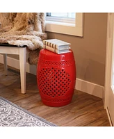 Marrakesh Ceramic Garden Stool Side Table with Lattice Design - Indoor or Outdoor 17.75-Inch Red Glazed Finish
