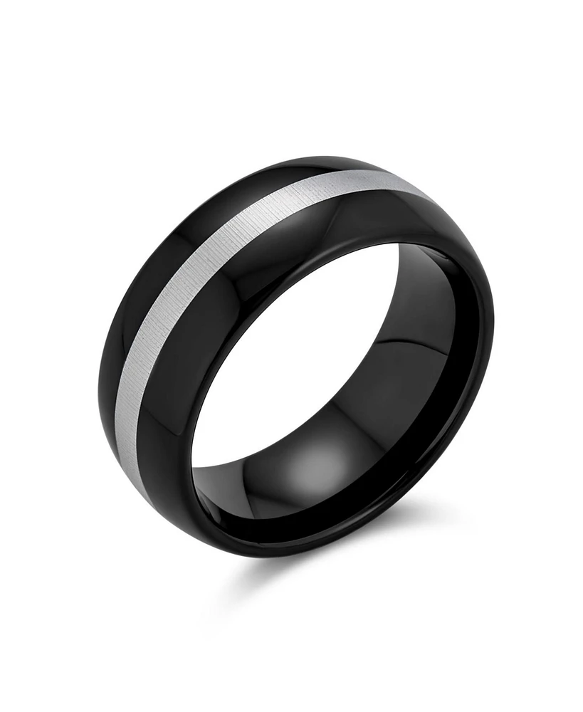 Bling Jewelry Simple Black Grey Inset Stripe Couples Titanium Band Ring Comfort Fit 8MM