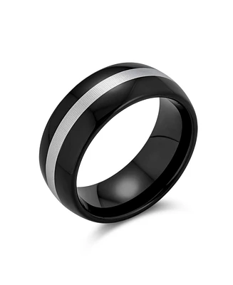 Bling Jewelry Simple Black Grey Inset Stripe Couples Titanium Band Ring Comfort Fit 8MM