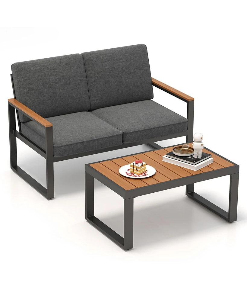 Gymax 2 Pcs Patio Aluminum Furniture Set Cushioned Sectional Sofa w/ Coffee Table