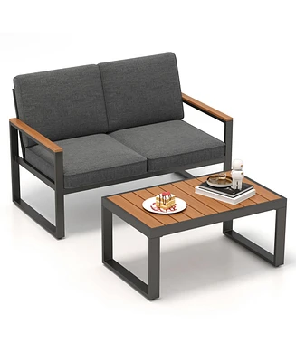 Gymax 2 Pcs Patio Aluminum Furniture Set Cushioned Sectional Sofa w/ Coffee Table