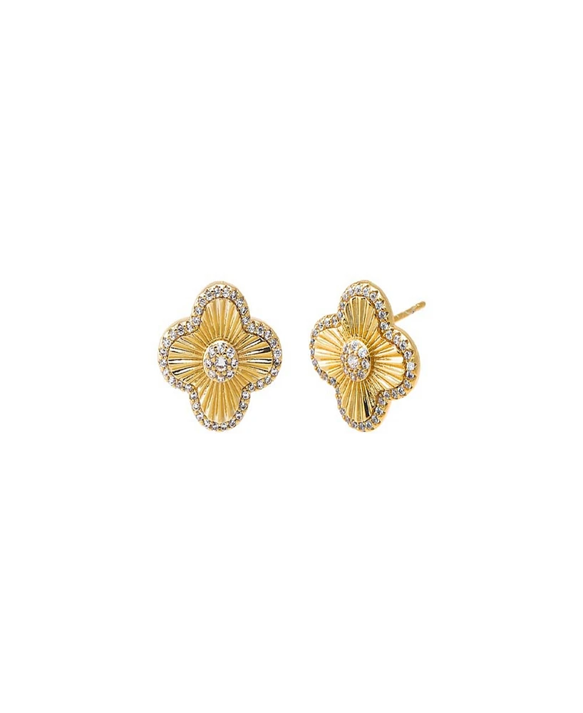 By Adina Eden Pave Cubic Zirconia Ridged Four Leaf Clover Stud Earrings
