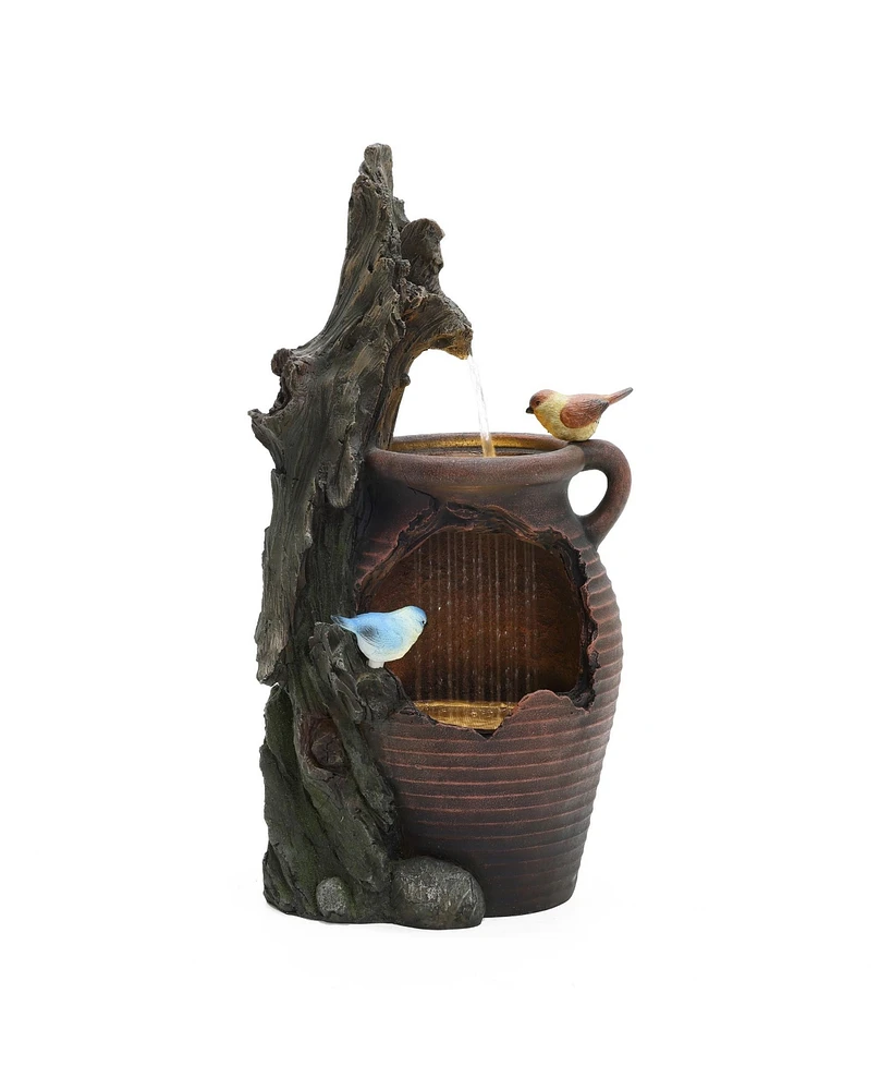 LuxenHome Rain Barrel with Tree and Birds 2.5-Feet Tall Outdoor Polyresin Fountains with Light