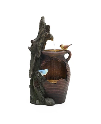 LuxenHome Rain Barrel with Tree and Birds 2.5-Feet Tall Outdoor Polyresin Fountains with Light