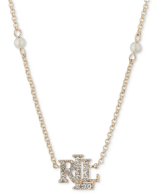 Lauren Ralph Lauren Gold-Tone Pave Logo & Imitation Pearl Pendant Necklace, 16" + 3" extender