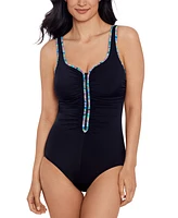 Shape Solver Sport by Mimi Flamingo Women's Shirred Zipper One Piece Swimsuit