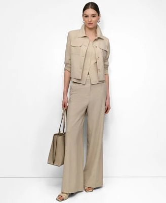 Dkny Womens Seersucker Square Neck Bustier Top Seersucker Button Front Cropped Jacket Seersucker High Rise Wide Leg Pants