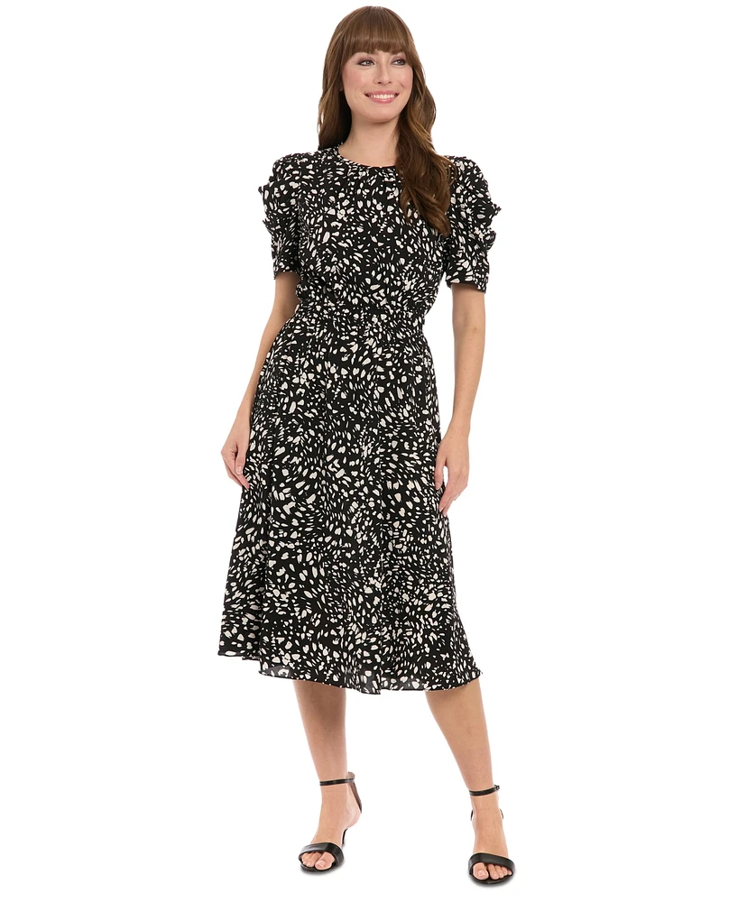 London Times Women's Printed Ruched-Sleeve Midi Dress