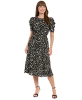 London Times Women's Printed Ruched-Sleeve Midi Dress