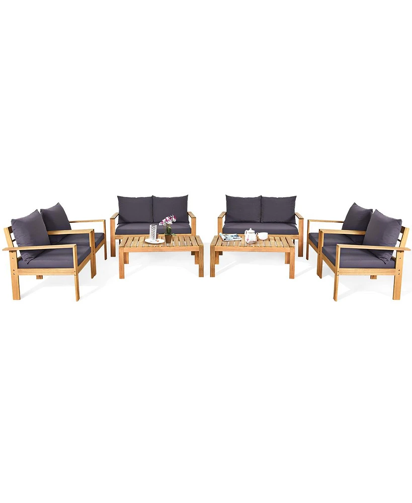 8PCS Patio Furniture Set Acacia Wood Thick Cushion Loveseat Sofa