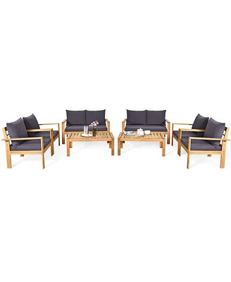 8PCS Patio Furniture Set Acacia Wood Thick Cushion Loveseat Sofa