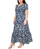 Msk Plus Printed Split-Neck Tiered Cotton Maxi Dress