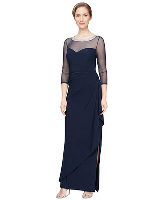 Alex Evenings Petite 3/4-Sleeve Illusion Ruffled Gown