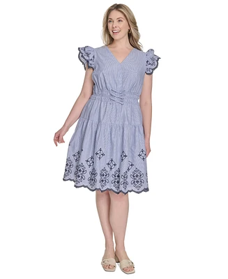 Vince Camuto Plus Flutter-Sleeve Embroidered Cotton Dress