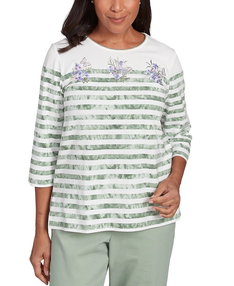 Alfred Dunner Petite Striped Embroidered Top