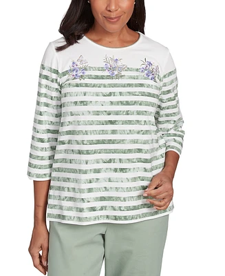 Alfred Dunner Petite Striped Embroidered Top