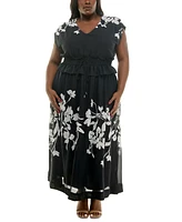Taylor Plus Printed V-Neck Smocked-Waist Maxi Dress
