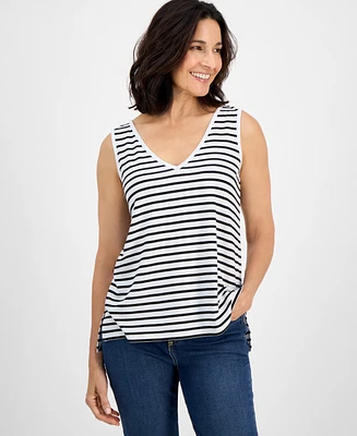 Style & Co Women's Striped Linen Blend V-Neck Tank Top, Exclusively at Macy's
