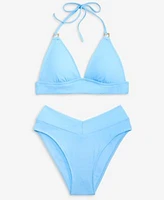 Becca Womens Modern Edge Textured Rib Halter Bikini Top High Waist Bikini Bottoms