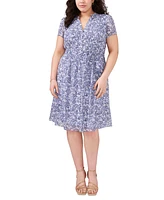 Msk Plus Printed Split-Neck Cap-Sleeve Dress