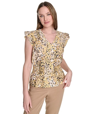 Tommy Hilfiger Women's Floral Smocked-Waist Ruffle-Sleeve Top