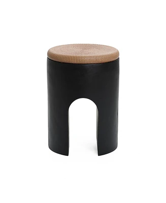 LuxenHome Black with Natural Rattan Finish Cement U-Shaped Base Outdoor Patio Side Table