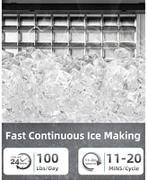 Zafro Commercial ice maker produces 100 lbs of ice per day, with a 33 lbs storage capacity. Features 2-way water inlet, self-cleaning function, and a