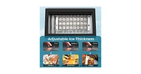 Zafro moon-shaped ice maker can produce 100 pounds of ice per day and has a storage capacity of 28 pounds. It features a two-way water filling system,