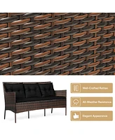 Gymax Set of 3 3-Seat Sofa Cushioned Table Rattan Furniture Garden Patio