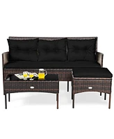 Gymax Set of 3 3-Seat Sofa Cushioned Table Rattan Furniture Garden Patio