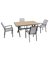 5-Piece Aluminum Frame Outdoor Dining Set with Faux Wood Table Stackable Chairs Patio Furniture