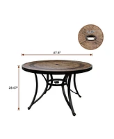 47.8 Inch Outdoor Round Dining Table Cast Aluminum Patio Dining Table Faux Wood Top Outdoor Patio Dining Table with Umbrella Hole