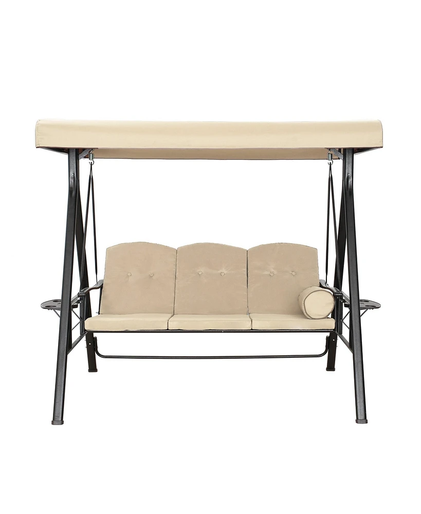 Steel 3 Person Patio Swing Chair Swinging Outdoor with Removable Mat, Cushion and Convertible Canopy, Navy Blue