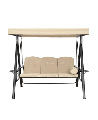 Steel 3 Person Patio Swing Chair Swinging Outdoor with Removable Mat, Cushion and Convertible Canopy, Navy Blue
