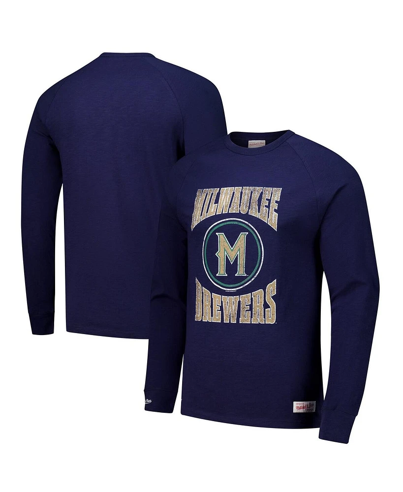 Mitchell & Ness Men's Navy Milwaukee Brewers Arched Logo Slub Long Sleeve T-Shirt
