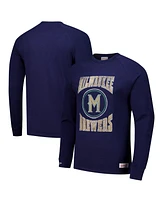 Mitchell & Ness Men's Navy Milwaukee Brewers Arched Logo Slub Long Sleeve T-Shirt