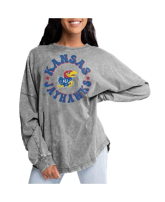 Gameday Couture Women's Gray Kansas Jayhawks Playing Around Faded Wash Oversized Long Sleeve T-Shirt