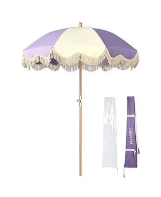 LAGarden Palm Springs 6Ft Patio Floral Fringe Umbrella with Tassel Carry Bag Outdoor Vintage Wood Garden Parasol Purple
