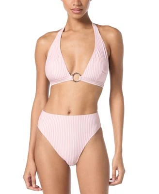 Michael Michael Kors Womens Logo Ring Halter Bra Top Stripe High Waist Bottom