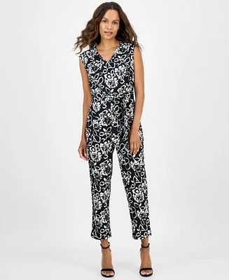 Ak Anne Klein Petite Printed V-Neck Jumpsuit