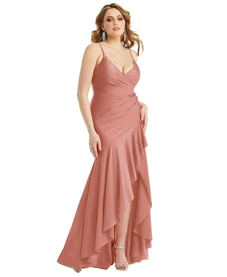 Cynthia & Sahar Women's Pleated Wrap Ruffled High Low Stretch Satin Gown with Slight Train