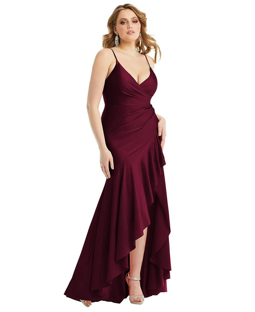 Cynthia & Sahar Women's Pleated Wrap Ruffled High Low Stretch Satin Gown with Slight Train