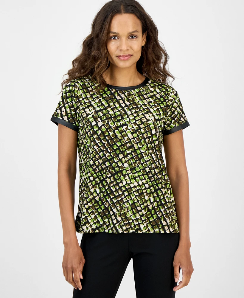 Ak Anne Klein Petite Animal-Print Button-Back Top