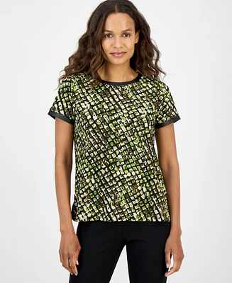 Ak Anne Klein Petite Animal-Print Button-Back Top