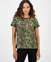 Ak Anne Klein Petite Animal-Print Button-Back Top
