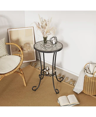 Patio Side Table with Shelf,Brown+Black