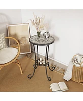 Patio Side Table with Shelf,Brown+Black